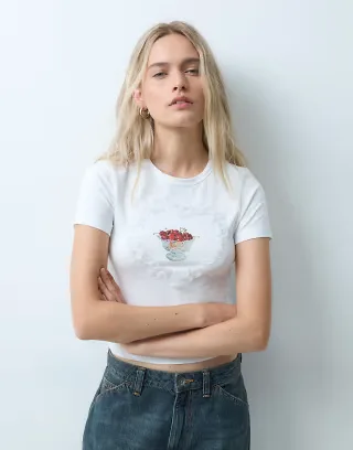 JJXX heart frill patch baby tee with cherry print in white