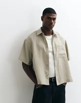 ASOS DESIGN boxy oversized drapey shirt in beige