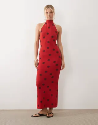 ASOS DESIGN knit halter neck maxi dress in red polka dot