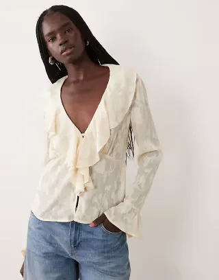 Pieces ruffle trim blouse in cream