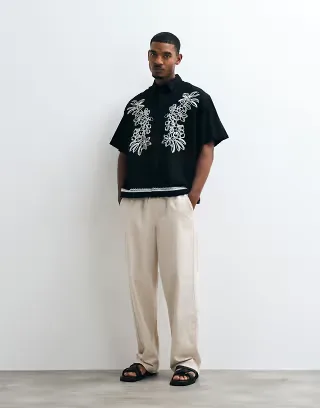 ASOS DESIGN linen blend oversized shirt with floral embroidery in black