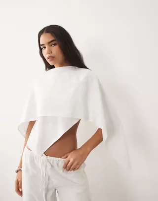 Missy Empire linen look drape overlay cape detail top in white - part of a set
