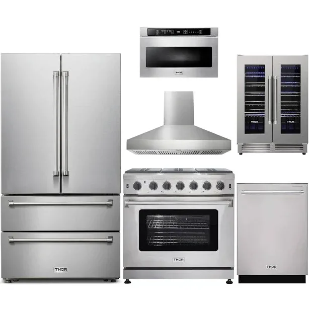 Thor Kitchen 6-Piece Appliance Package - 36-Inch Gas Range, French Door Refrigerator, Pro-Style Wall Mount Hood, Dishwas