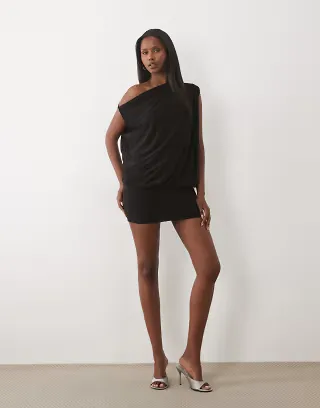 Missyempire double sculpted slinky draped off the shoulder fitted skirt fold over detail mini dress in black