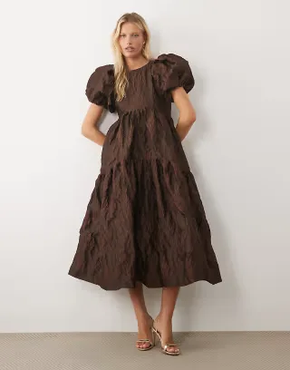 Sister Jane Harmonia exclusive jacquard puff sleeve midi dress in chocolate