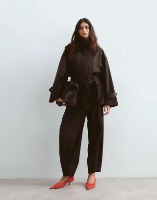 ARRANGE funnel neck belted jacket in chocolate - part of a set