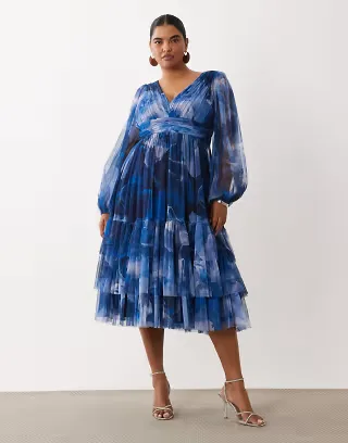 Lace & Beads Plus tulle balloon sleeve ruffle tiered midi dress in dark blue print