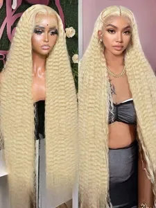 30 Inch Blonde Curly Lace Front Wig, 13x4 Deep Wave Lace Frontal, 200% Density, Pre-Plucked Human Hair, Half Machine Mad