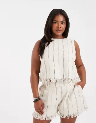 ASOS DESIGN Curve Tailored fringe hem v neck shell top in natural stripes