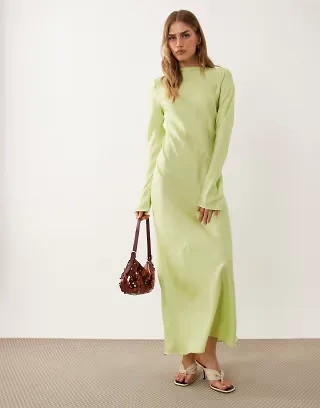 ASOS DESIGN satin scoop neck long sleeve maxi dress in lime green