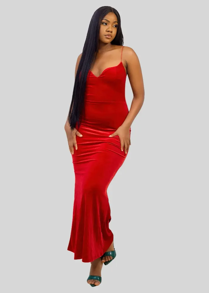 VELVET STRAP MAXI DRESS