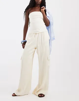 ASOS DESIGN satin wide leg utility pants in ecru