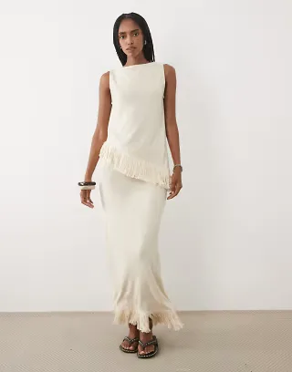 ASOS DESIGN sleeveless knit with tassel top set in cream