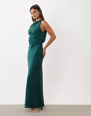 ASOS DESIGN satin drape bodice maxi dress with cowl back detail in blue