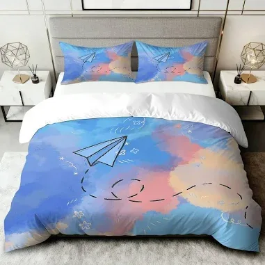 3PCS Duvet Cover Set, 1 Duvet+2 Pillowcases(Without filler), Paper Plane Sky Dream Pastel Clouds Fun theme, No Festival