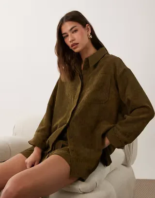 ASOS DESIGN corduroy shirt in khaki green - part of a set