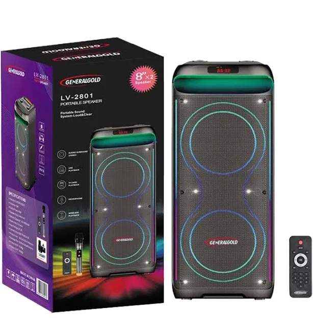 GeneralGold Portable Party Speaker, 60W Double 8" Woofer with LED Lights, Wireless Mic, Bluetooth, USB, TF Card Input fo