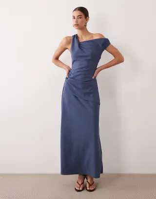 ASOS DESIGN crepe fallen shoulder maxi dress with ruched skirt detail in denim blue