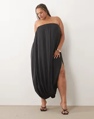 ASOS DESIGN Curve satin strapless bubble hem midaxi dress in navy blue