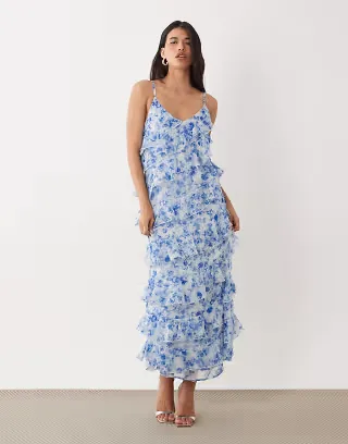 VILA asymmetric frill maxi dress with side split in blue floral print